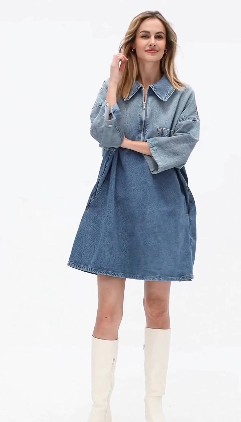 Elengatine Women's Denim Dress Half-Zip Collared Design Vintage Washed Blue Loose Fit Long Sleeve One Chest Pocket Trendy Casual Top Perfect for Daily Wear & Street Style Looks Short Womenswear Zipper Cowboy - Polo