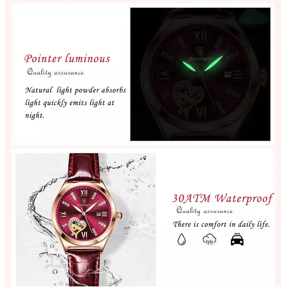 POEDAGAR 2022 Women Watches Fashion Leather Romance Red Dial Luxury Ladies Watch Waterproof Quartz Date Wristwatch