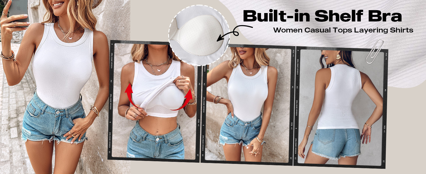 ChicMe Built-in Shelf Bra Tank Tops Ribbed Sleeveless Casual Tops