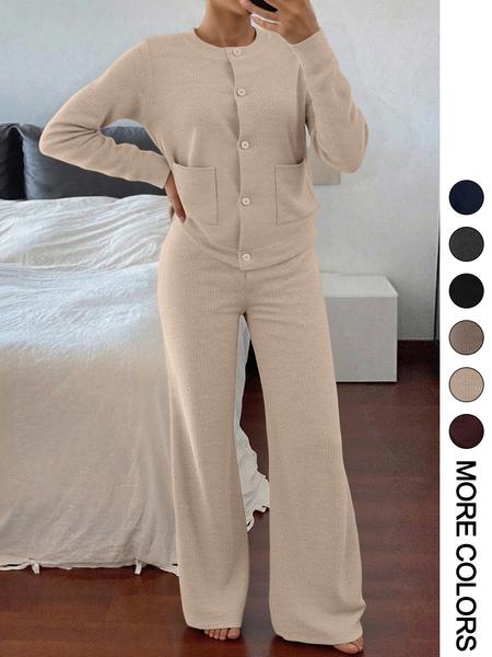 Women's Casual Comfortable Round Neck Long Sleeve Knit Sweater Set, High Waist Versatile Wide Leg Pants, Perfect for Daily Wear
