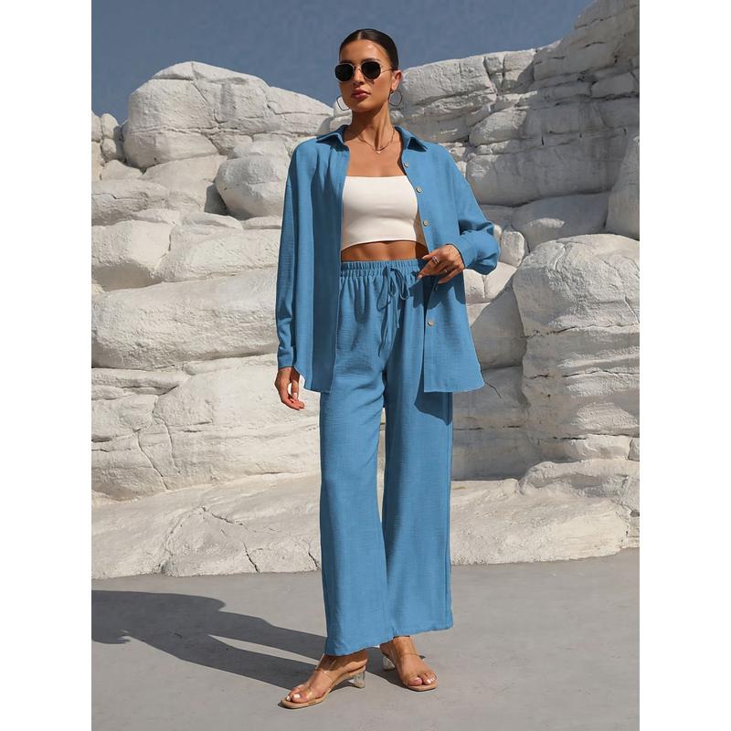 Women's Solid Button Front Shirt & Tie Front Wide Leg Pants Two-piece Set, Casual Drop Shoulder Long Sleeve Blouse Top & Trousers 2 Piece Set for Spring & Fall, Women's Clothes for Daily Wear Womenswear Suits Apricot Basic Minimalist