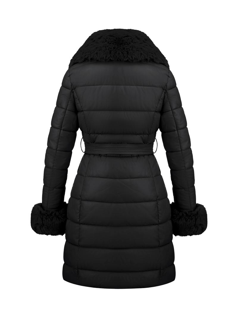 Women's Casual Outdoor Commuter Jacket with Faux Fur Collar, Warm Fashionable Leisure Wear, Includes Belt, Fall & Winter Thick Woven Fabric