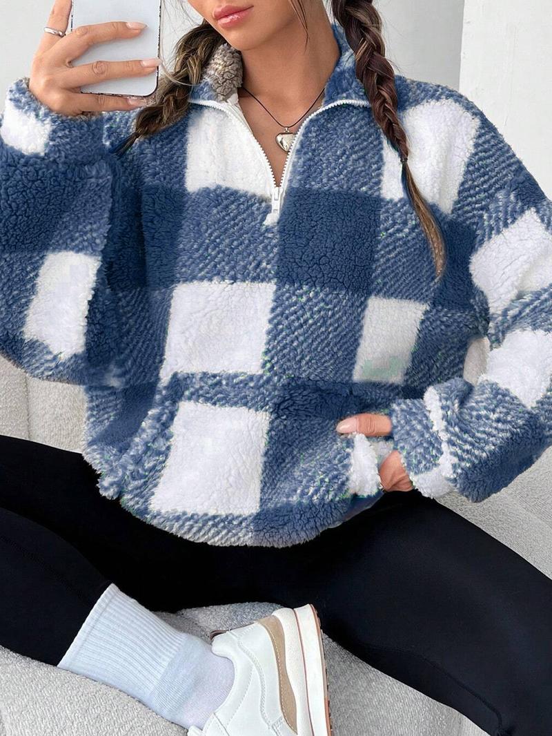 Women's Plaid Print Half Zip Drop Shoulder�Fleece�Sweatshirt, Casual Long Sleeve Stand Collar Pullover for Spring & Fall, Ladies Clothes for Daily Wear