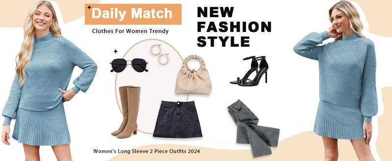 Women's 2 Piece Outfits 2025 Long Sleeve Mock Neck Ribbed Sweaters And Mini Skirt Two Piece Sets