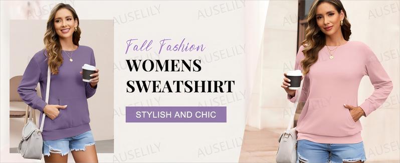 AUSELILY Women's Crewneck Hoodless Sweatshirt With Kangaroo Pocket Fleece Longsleeve Oversized Casual Style Shirt Lightweight Pullover