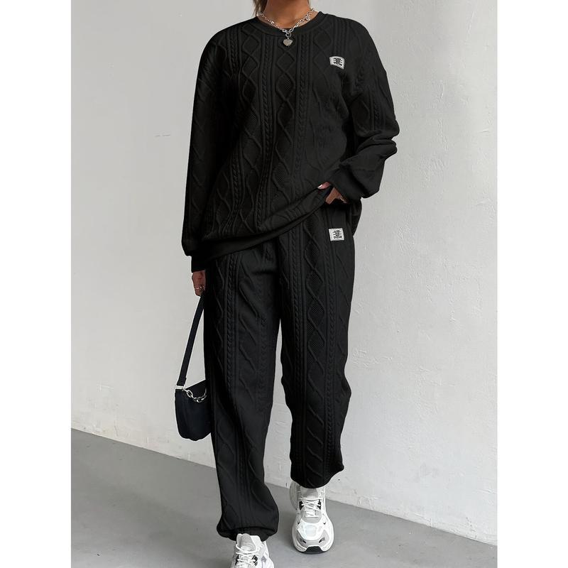 2026Women's Cozy Textured Pants Set - Soft Long Sleeve Crew Neck Sweatshirt, Comfortable Jogger Sweatpants Outfit, Casual Wear Daily Life, Suits Chic Womenswear Clothes Polyester2026