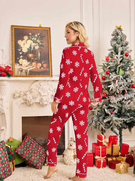 Women's Snowflake Cane Christmas Print Pajama Set, Long Sleeve Sleepwear, Comfortable Nightwear, All Seasons, Perfect Gift