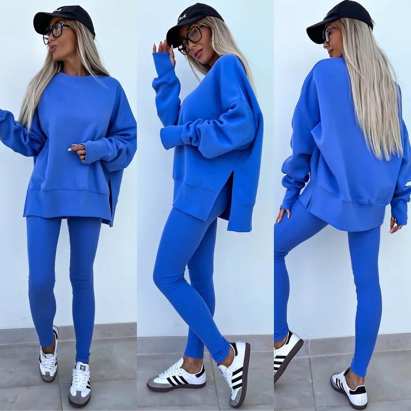 Oversize Two-Piece Set Women's  Split Hem Sweatshirt & Skinny Pants, Casual Fashion Cozy Round Neck Long Sleeve Pullover Women's Clothing for Fall & Basic Winter  Suits Womenswear Gamis