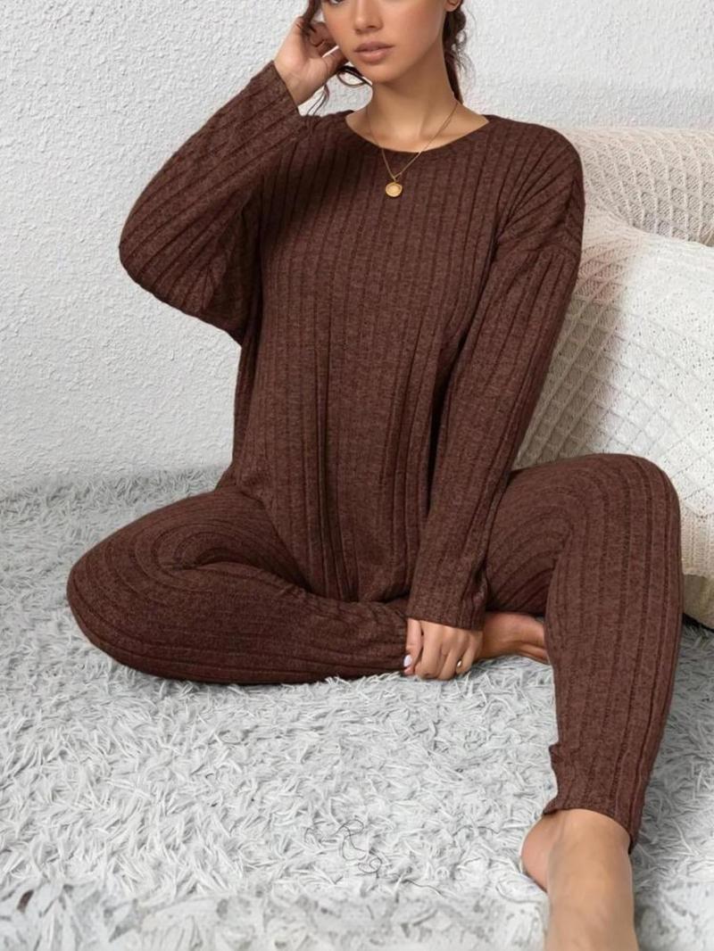 [Plus Size] Two-Piece Set Solid Drop Shoulder Top & Skinny Pants Ribbed Pajama Set, Casual Comfy Round Neck Long Sleeve Top & Trousers Set, Women's Sleepwear for Fall & Winter