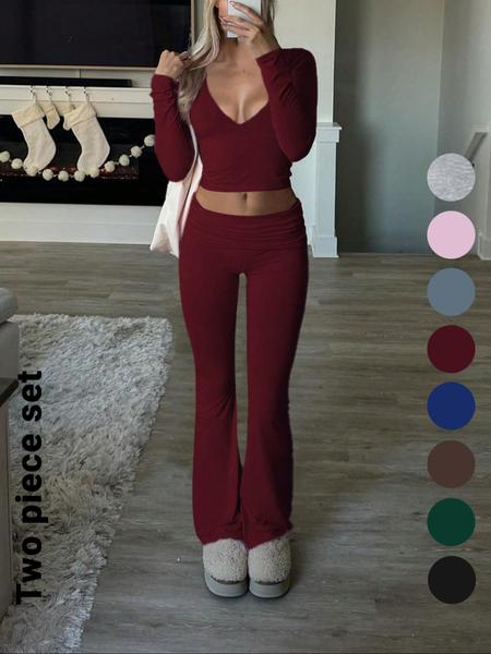 Elegant Casual V-Neck Long Sleeve Two-Piece Set, Slim-Fit Crop Top & Pants for Fall Winter, Moderate Fabric, Plain Color Design