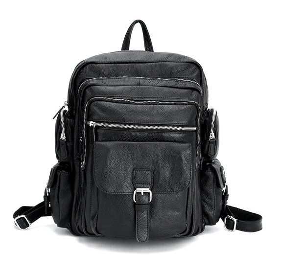 Front&nbsp;Display of Woosir Mens Multi Pocket Backpack Genuine Leather