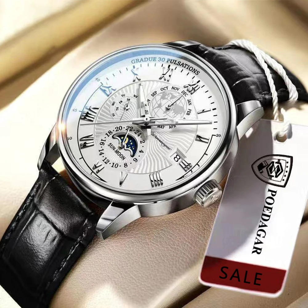 POEDAGAR Men Watch 2022 New Fashion Leather Waterproof Luminous Top Brand Luxury Mens Quartz Wristwatch Men Sport Casual Watches