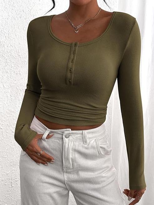 PrettyGarden Women's Fall Long Sleeve Henley T Shirts Button Ribbed Knit Slim Fit Casual Basic Tops Blouse