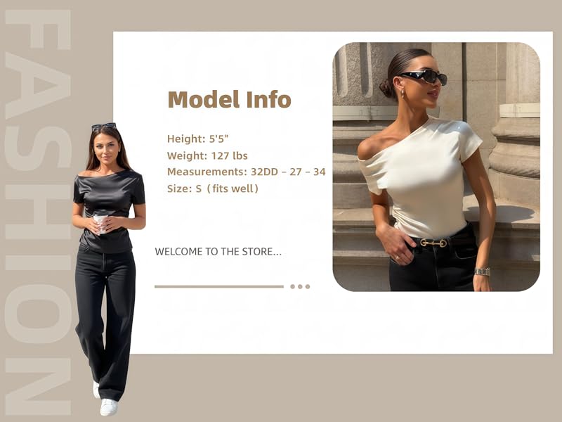 Text reads 'Model Info', 'Height: 5'5'', 'Measurements: 32DD - 27 - 34', 'Size: S (True size)'. Multiple views of clothing being modeled against neutral background.