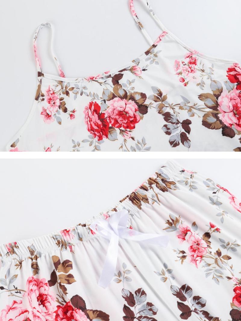 [Plus Size] Three-Piece Set Floral Print Belted Lounge Robe & Cami Top & Elastic Waist Pants Pyjama Set, Elegant Comfy Drop Shoulder Long Sleeve Robe & Sleeveless Top & Bow Decor Trousers PJ Set, Women's Sleepwear for Spring & Fall