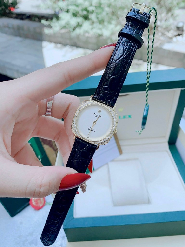 便宜的劳力士切利尼女士腕表，方形表盘，皮表带，镶钻，34毫米（6）