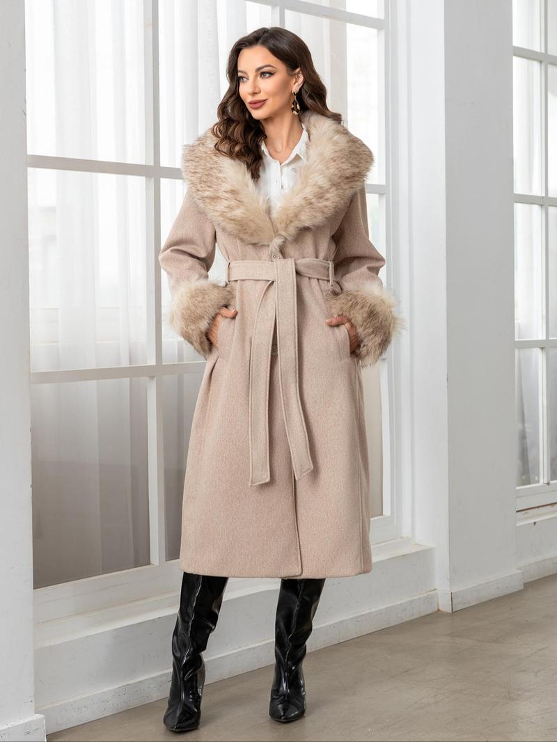 Women's Fall Winter Mid-Length Plain Woolen Coat, Warm Fitted Jacket with Fur Collar, Waist Belt & Pockets, Casual Style