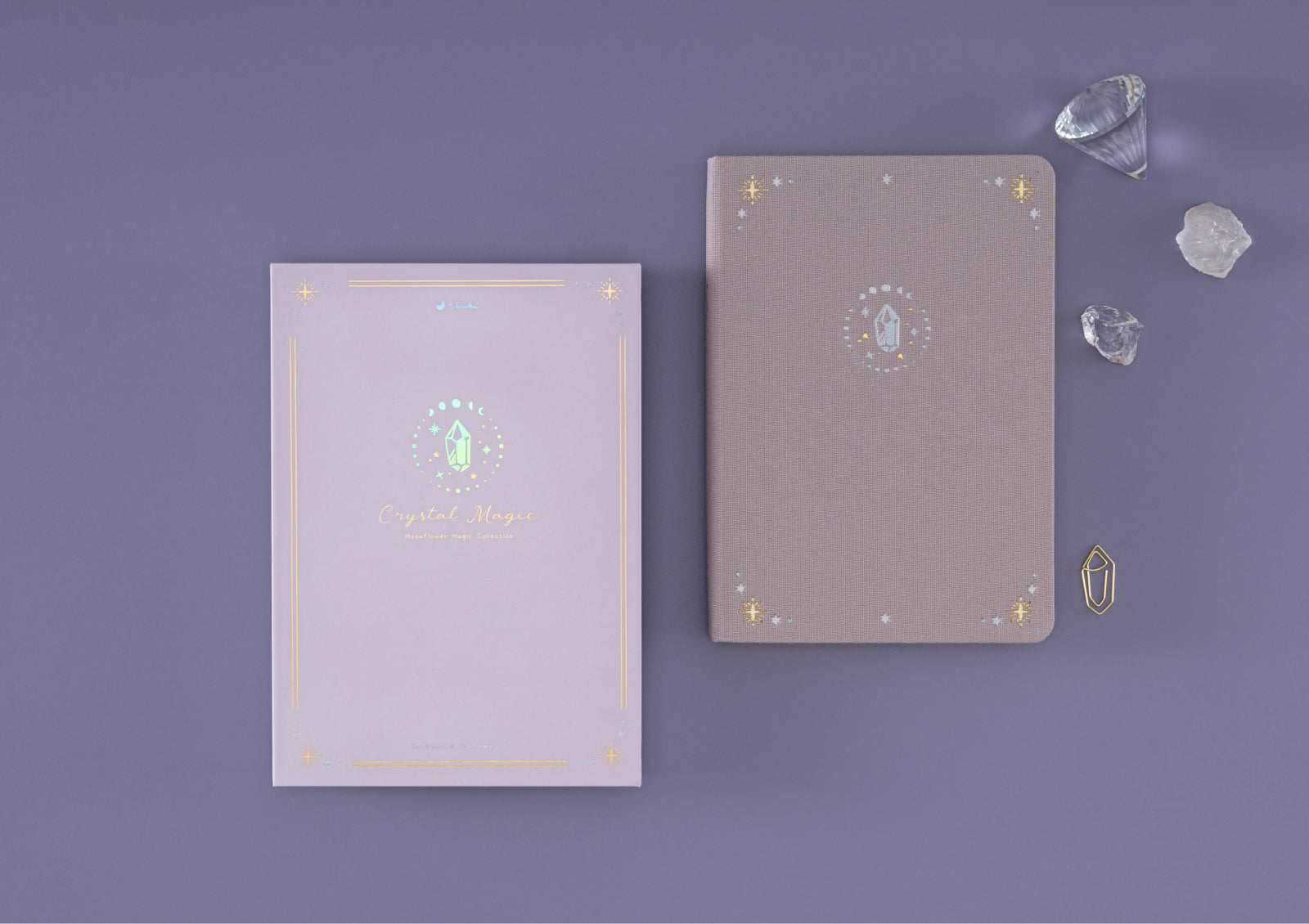 Front cover of the Tsuki Moonflower Magic Crystal Magic Notebook with celestial foiling and crystal-inspired illustration.