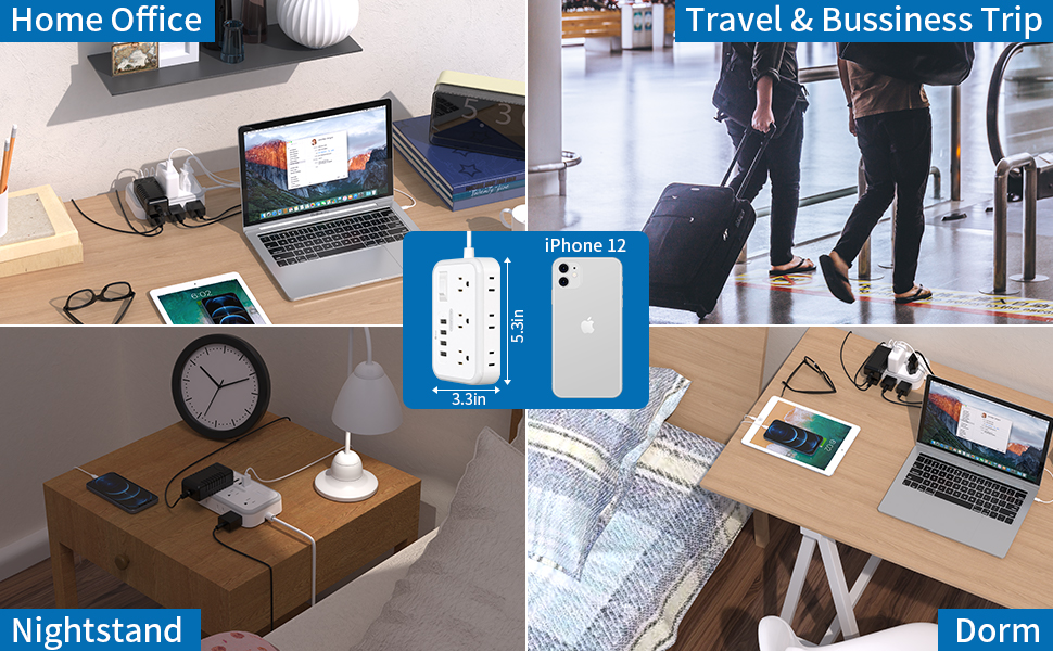 Flat Plug Extension Cord with 6 Outlets 4 USB, Wall Mount Power Bar Outlet Extender 15 ft Chord