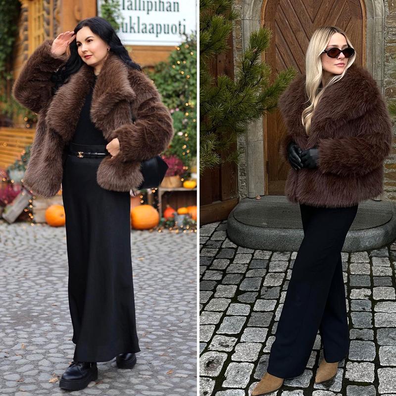 Buenoble Women's Brown Faux Fur Coat Winter Fluffy Short Jacket Warm Fuzzy Oversized Outwear Top Shaggy Collar Full Lining Short Jacket with Side Pockets