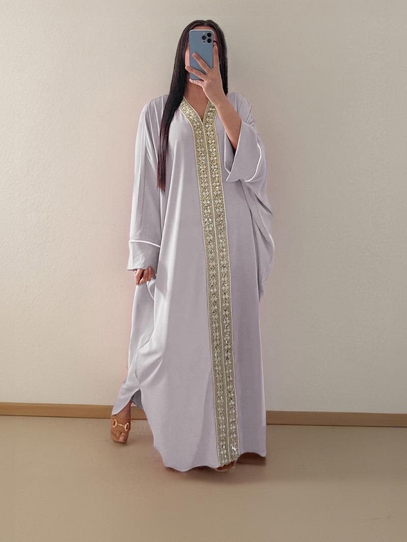 Arabic Clothing-Contrast Sequin Batwing Sleeve V Neck Kaftan Dress, Summer Outfits 2024, Elegant Long Sleeve Arabian Dress for Women, Women's Islamic Clothing for Summer, Beige, Modest Clothes