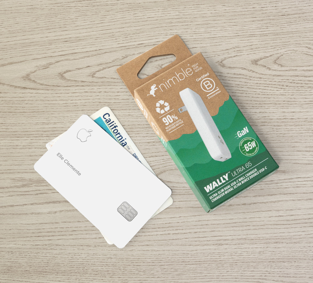Wally Ultra 65W slim charger packaging shown with comparison to credit card size.