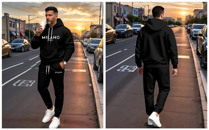 Men's Milano Printed Hoodie and Drawstring Sweatpants Set, Menswear, Casual Athletic Long Sleeve Hooded Jacket & Trousers for Fall & Winter, Men's Clothing for Daily Wear, Sportswear Indoor Outdoor, Tracksuit, Athleisure Summer Clothes