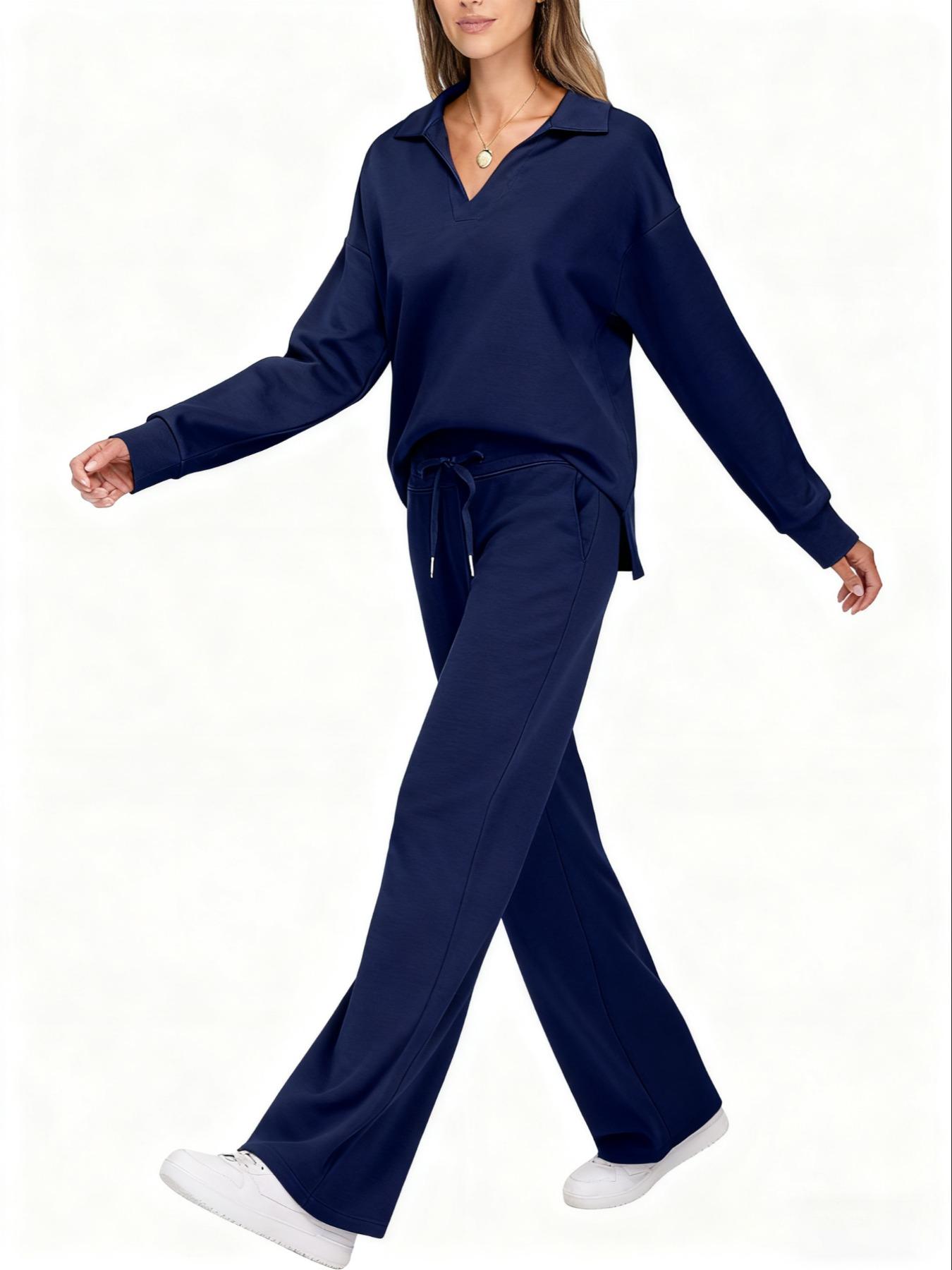 Women's Long Sleeve Drawstring Pants Set Outfit, Casual Fall Winter, Fashionable Pure Color Commuter Wear, Style