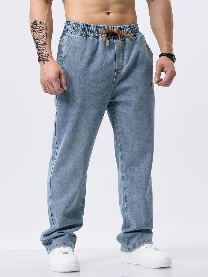 Men's drawstring elastic waist washed and distressed loose straight-leg jeans, non-stretchy denim pants, comfortable and loose fit. Suitable for daily casual wear, urban gatherings, and weekend fashion looks. A must-have trendy men's pants 🔥