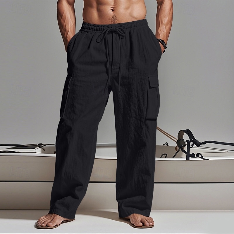Men's Cargo Pants Trousers Summer Pants Beach Pants Gauze Pants Drawstring Elastic Waist Multi Pocket Plain Comfort Breathable Outdoor Daily Holiday Fashion Classic Style Black White 2025 - HK $181.2 –P10