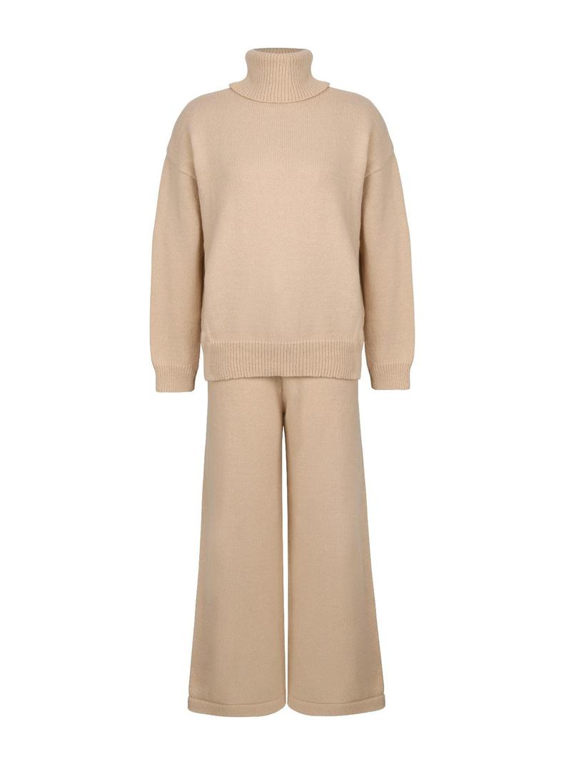 Women's Solid Turtleneck Tops & Wide Leg Pants Set, Casual Fashionable Cozy Long Sleeve Top & Trousers for Daily Casual Occasion Wear, Fall Clothes, 2 Piece Set, Women's Clothing for Fall, Downtown Girl Clothes
