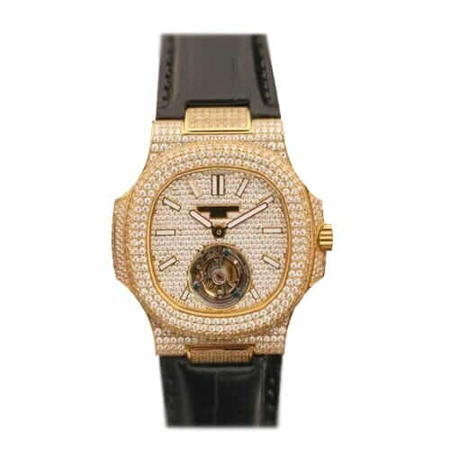 patek-philippe-nautilus-tourbillon-jumbo-diamond-black-leather-replica-watch