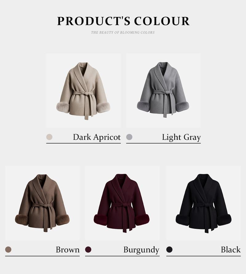 KatchMe Women's Elegant Solid Color Waist Tie Fuzzy Cuff Wrap Coat, Cozy Plush Long Sleeve Thermal Coat, Fall & Winter Outerwear Jacket