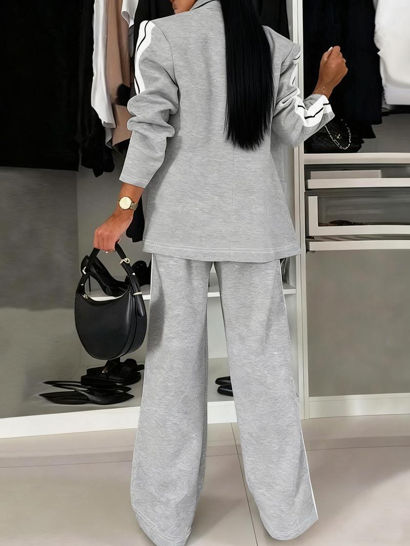 Women's Striped Print Blazer Jacket & Wide Leg Pants Set, Casual Fitted Suit for All Seasons, Stylish Ladies' Clothing Ensemble