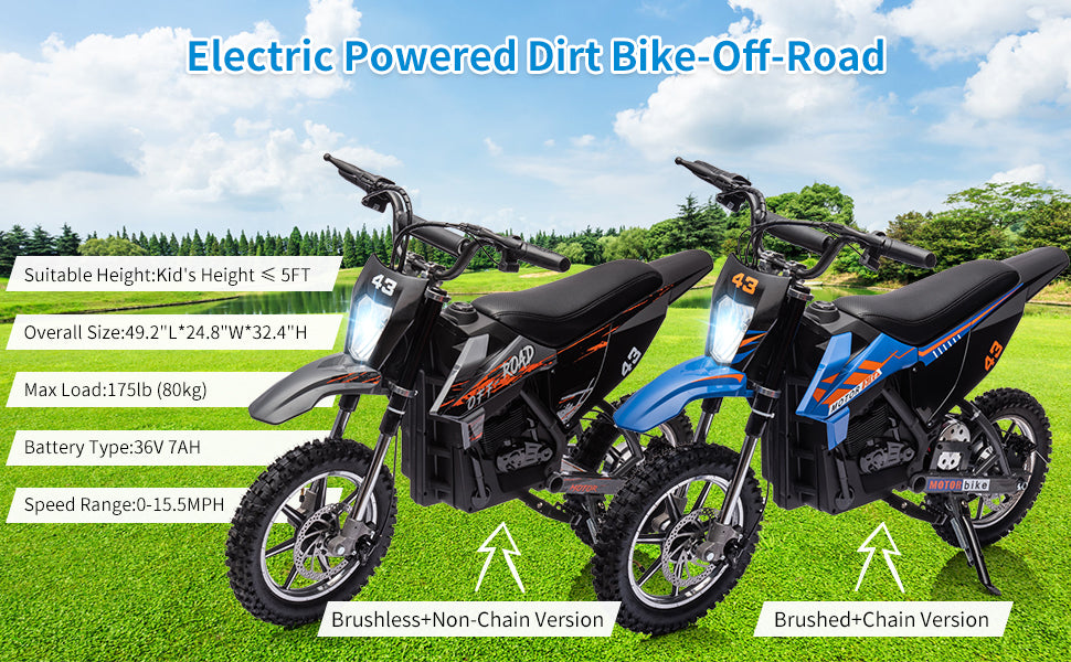 36V Kids Electric Dirt Bike, 350W, 15.5MPH, LED, 175lbs Max