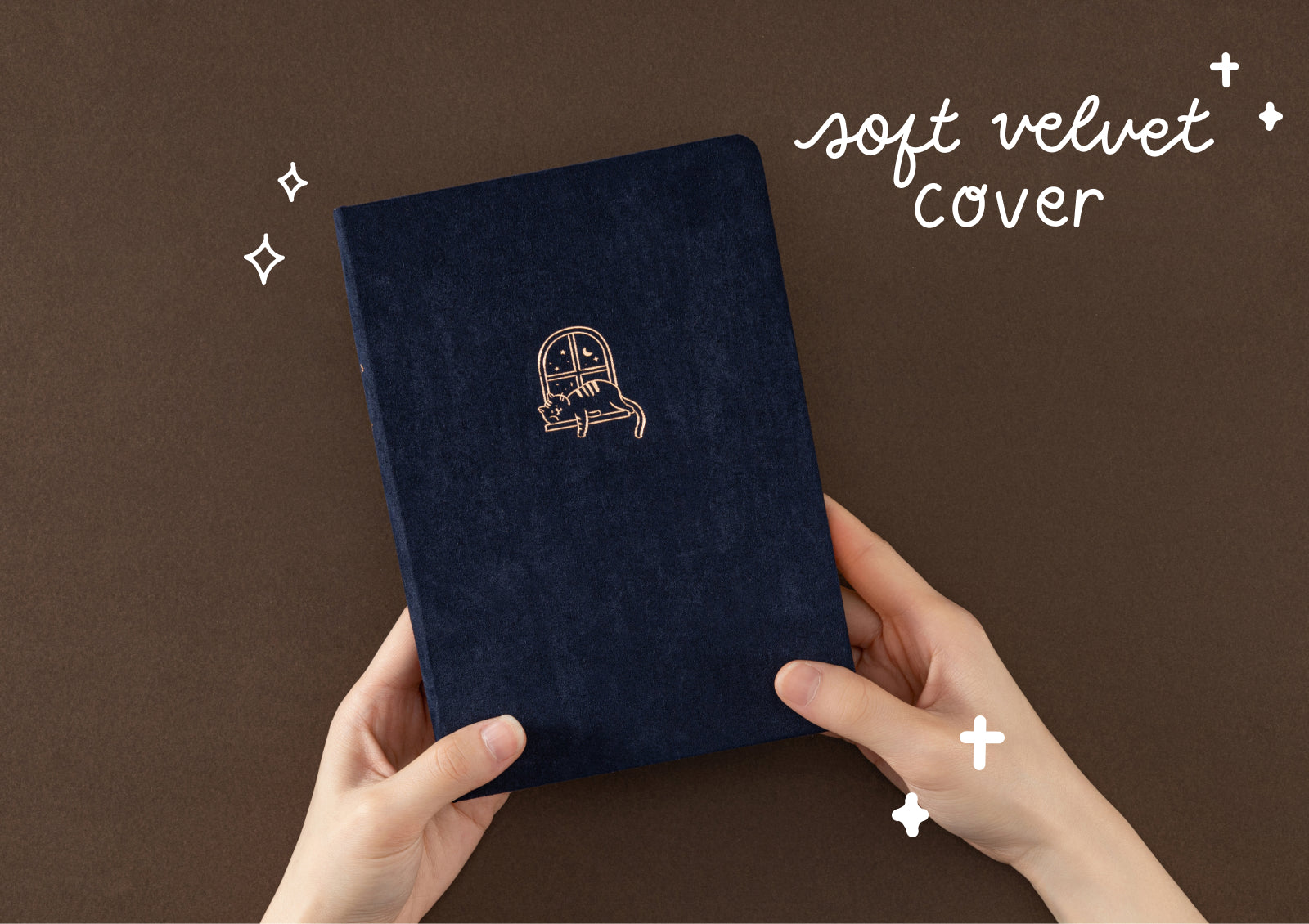 Tsuki Neko Dreams Midnight Neko Notebook styled with moon and star charms, dried flowers and cozy journaling props.