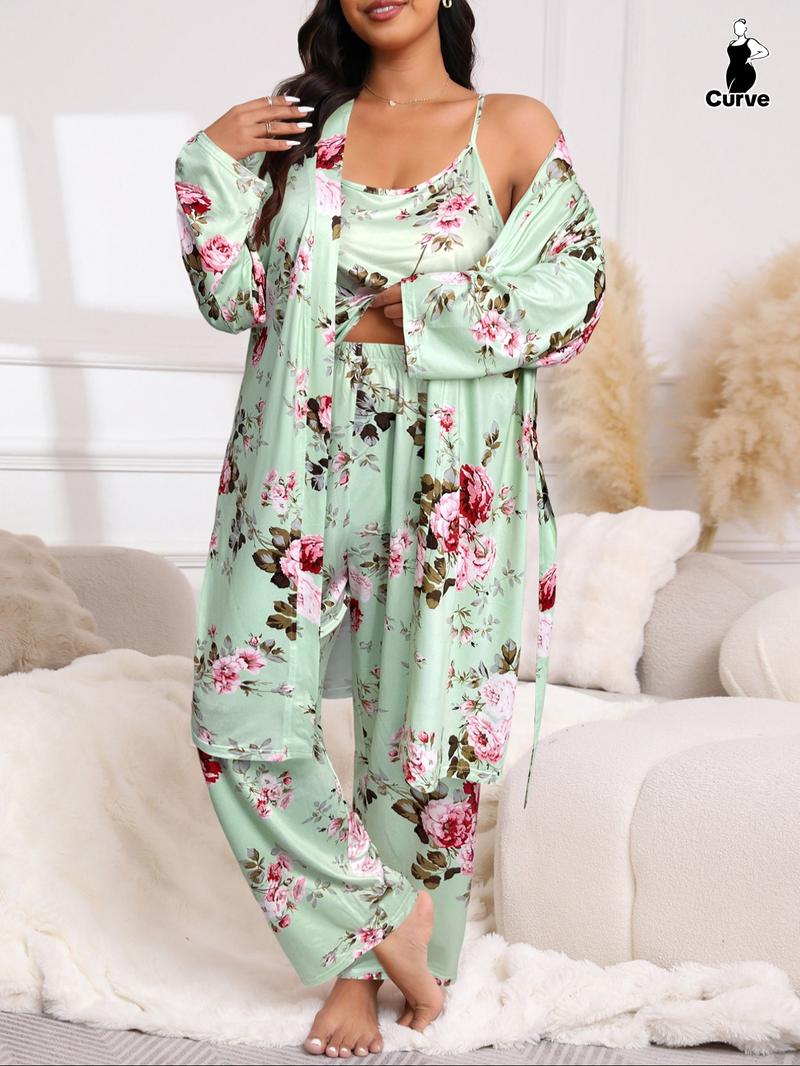 [Plus Size] Three-Piece Set Floral Print Belted Lounge Robe & Cami Top & Elastic Waist Pants Pyjama Set, Elegant Comfy Drop Shoulder Long Sleeve Robe & Sleeveless Top & Bow Decor Trousers PJ Set, Women's Sleepwear for Spring & Fall