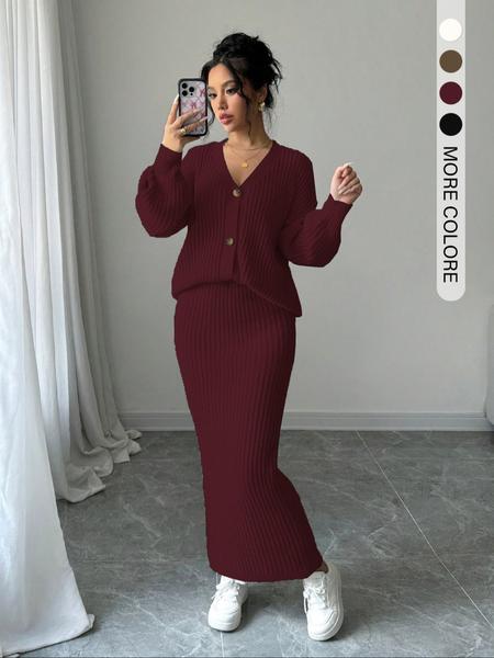 Women's Solid Button Front Sweater & Long Skirt Two-piece Set, Casual Drop Shoulder Long Sleeve Knit Top & High Waist Skirt for Daily Outdoor Wear, Women's Knitwear for Fall & Winter