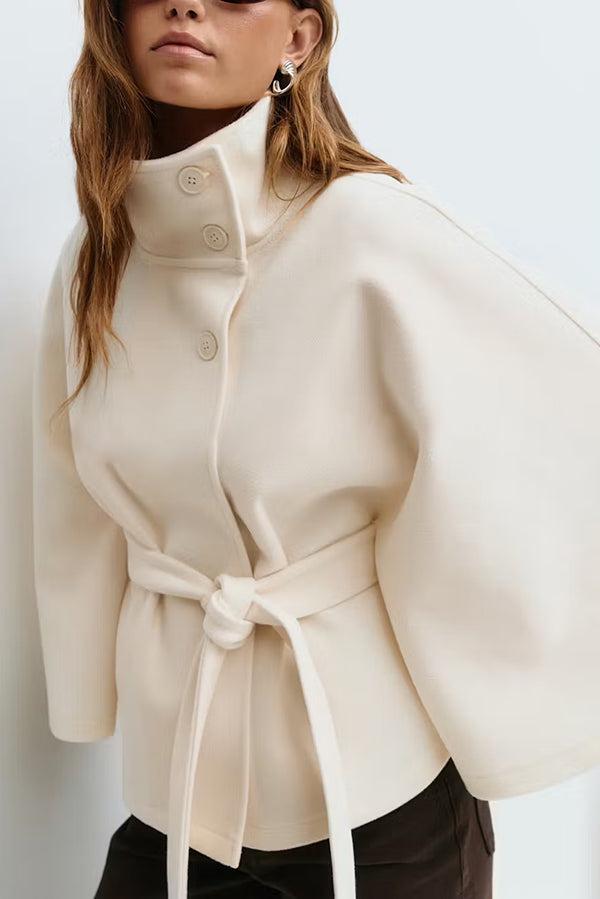 Women's Plain Front Buckle Belted Woolen Cape Coat, Casual Fall & Winter Outerwear, Stylish Daily Wear for Dating