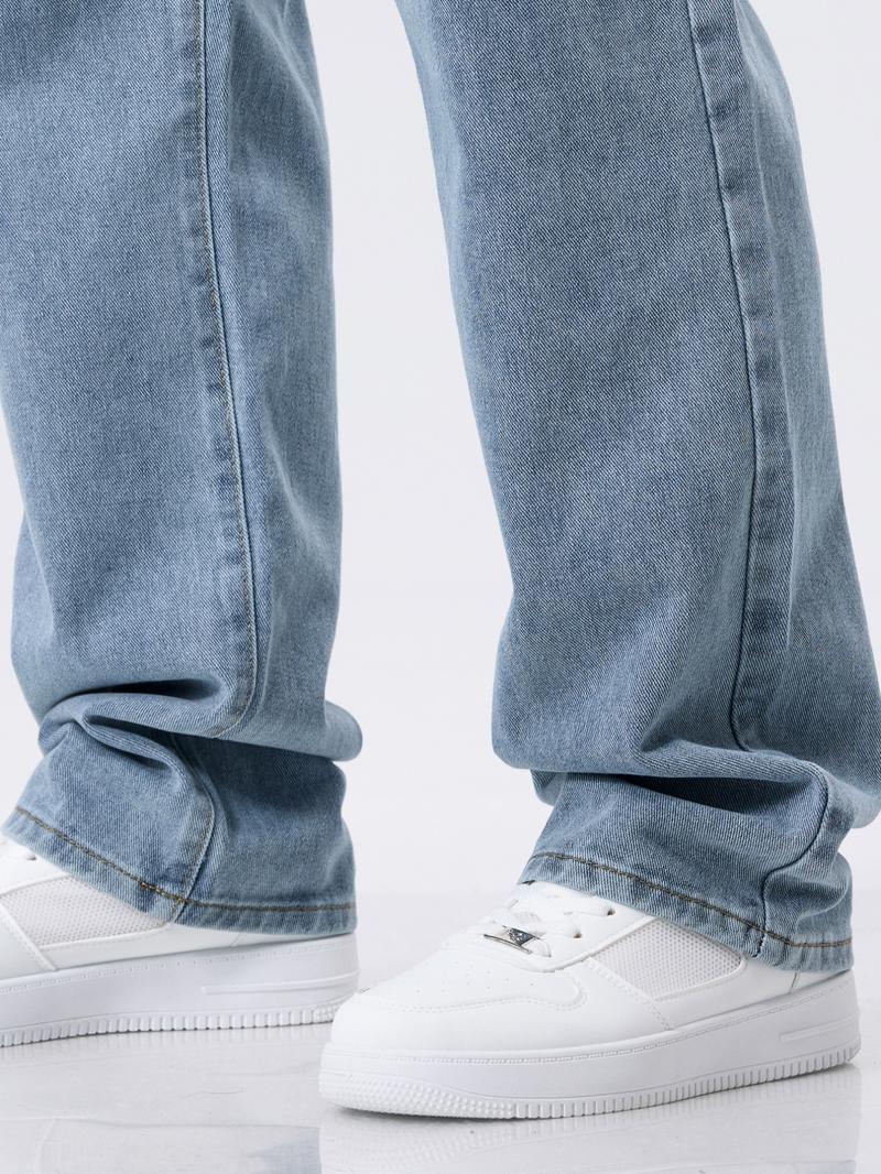 Men's drawstring elastic waist washed and distressed loose straight-leg jeans, non-stretchy denim pants, comfortable and loose fit. Suitable for daily casual wear, urban gatherings, and weekend fashion looks. A must-have trendy men's pants 🔥