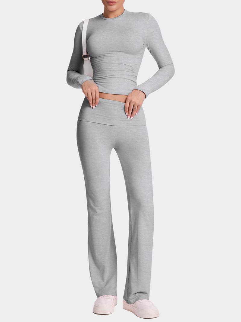 Women's two counts casual slim suit, including waist bell-bottoms and long-sleeved tops, is soft and can be worn outside, and Y2K style is matched with casual fashion.