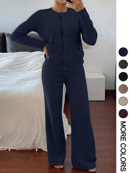 Women's Casual Comfortable Round Neck Long Sleeve Knit Sweater Set, High Waist Versatile Wide Leg Pants, Perfect for Daily Wear