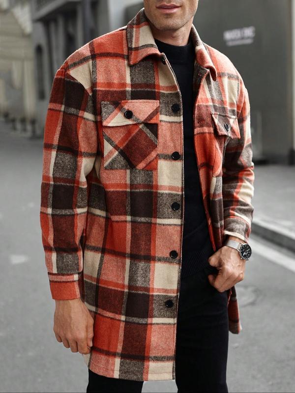 KZZ Men's plaid check long coat, with a buttoned lapel, loose fit, front button pockets, suitable for daily wear in autumn and winter, comfortable and warm, men's trench coat, autumn and winter.
