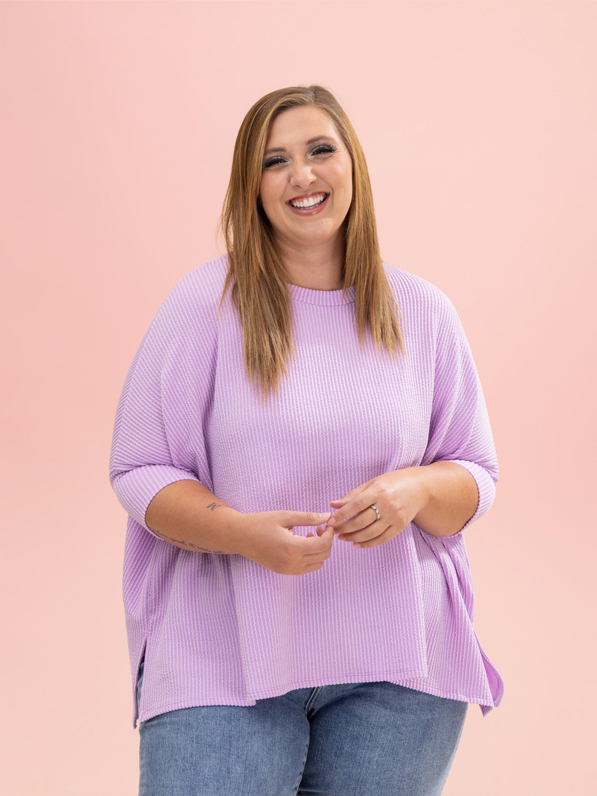 Raised Rib Easy-Fit Dolman 3/4 Sleeve Top by DD Design | Reg - Plus