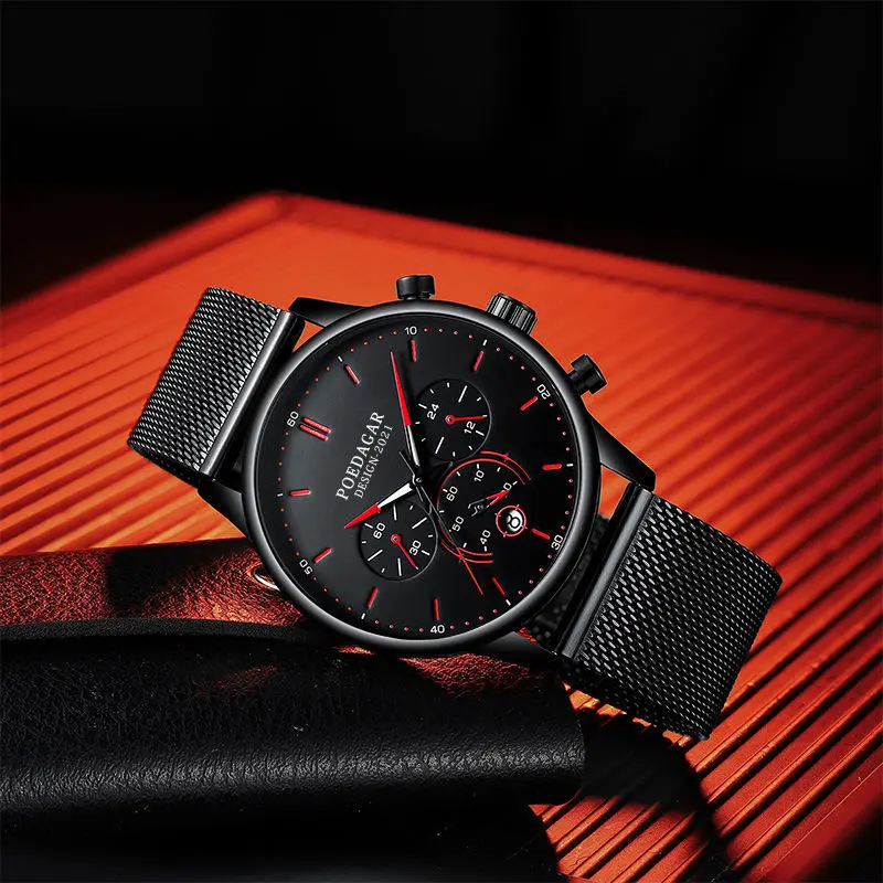 POEDAGAR Men Watch Fashion Chronograph Slim Stainless Steel Mesh Quartz Men's Wristwatch Waterproof Luminous Date Sport Watch