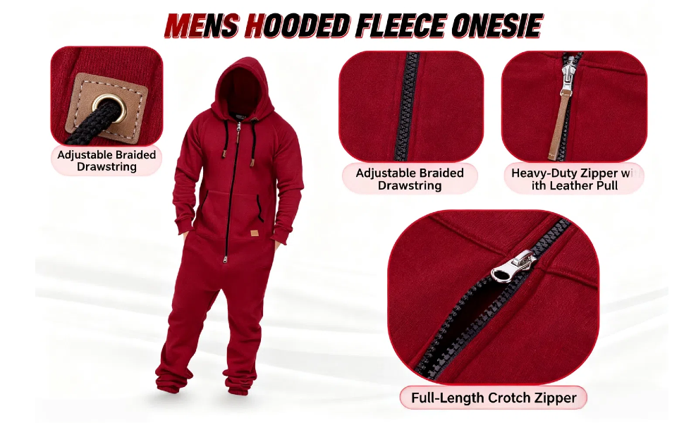 Mens Fleece Lined Hooded Jumpsuit Insulated Zip up One Piece Pajamas Onesie Playsuit Jogger Sweatsui
