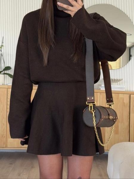 Women's Casual Half-High Neck Long Sleeve Knit Dress, Plain Color Loose-Fitting Sweater Dress, Fall & Winter Fashion