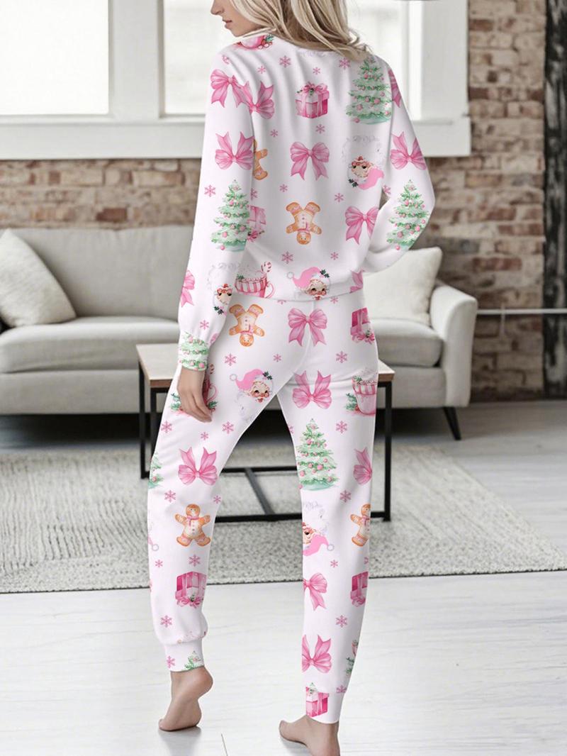 Women's Christmas Print Casual Set, Long Sleeve V Neck Top & Belted Pants, Ladies Homewear & Pajamas, Spring & Fall Fashion