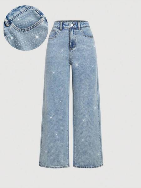 Women's Elegant High-Waisted Wide-Leg Jeans, Fitted Woven Fabric, Rhinestone Embellished, All-Season Fashion Pants