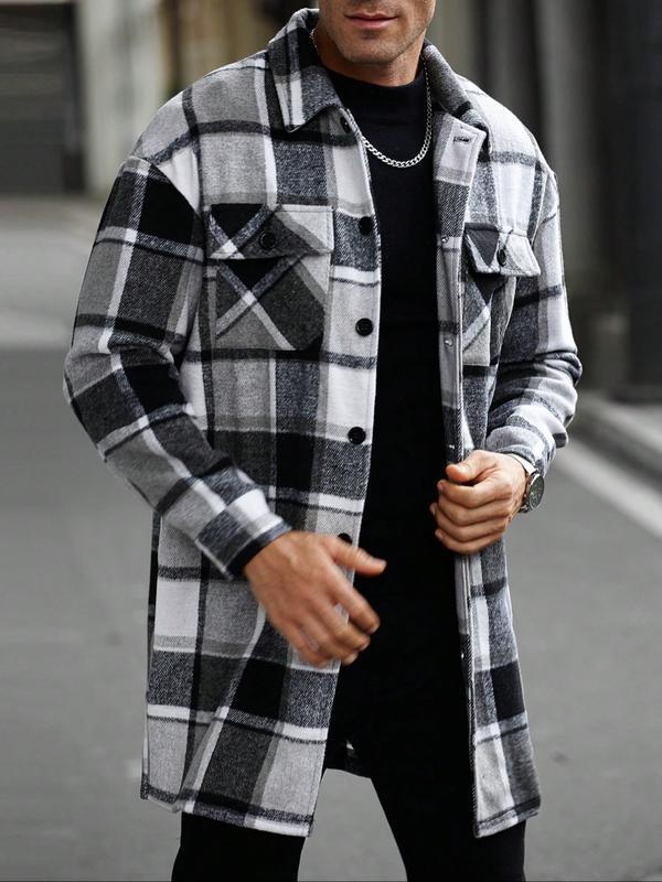 KZZ Men's plaid check long coat, with a buttoned lapel, loose fit, front button pockets, suitable for daily wear in autumn and winter, comfortable and warm, men's trench coat, autumn and winter.